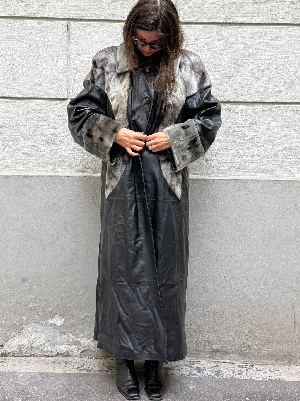 Vintage 100% Genuine Leather & Fur Maxi Coat L/XL