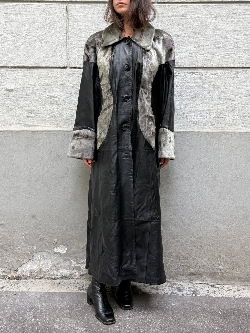 Vintage 100% Genuine Leather & Fur Maxi Coat L/XL