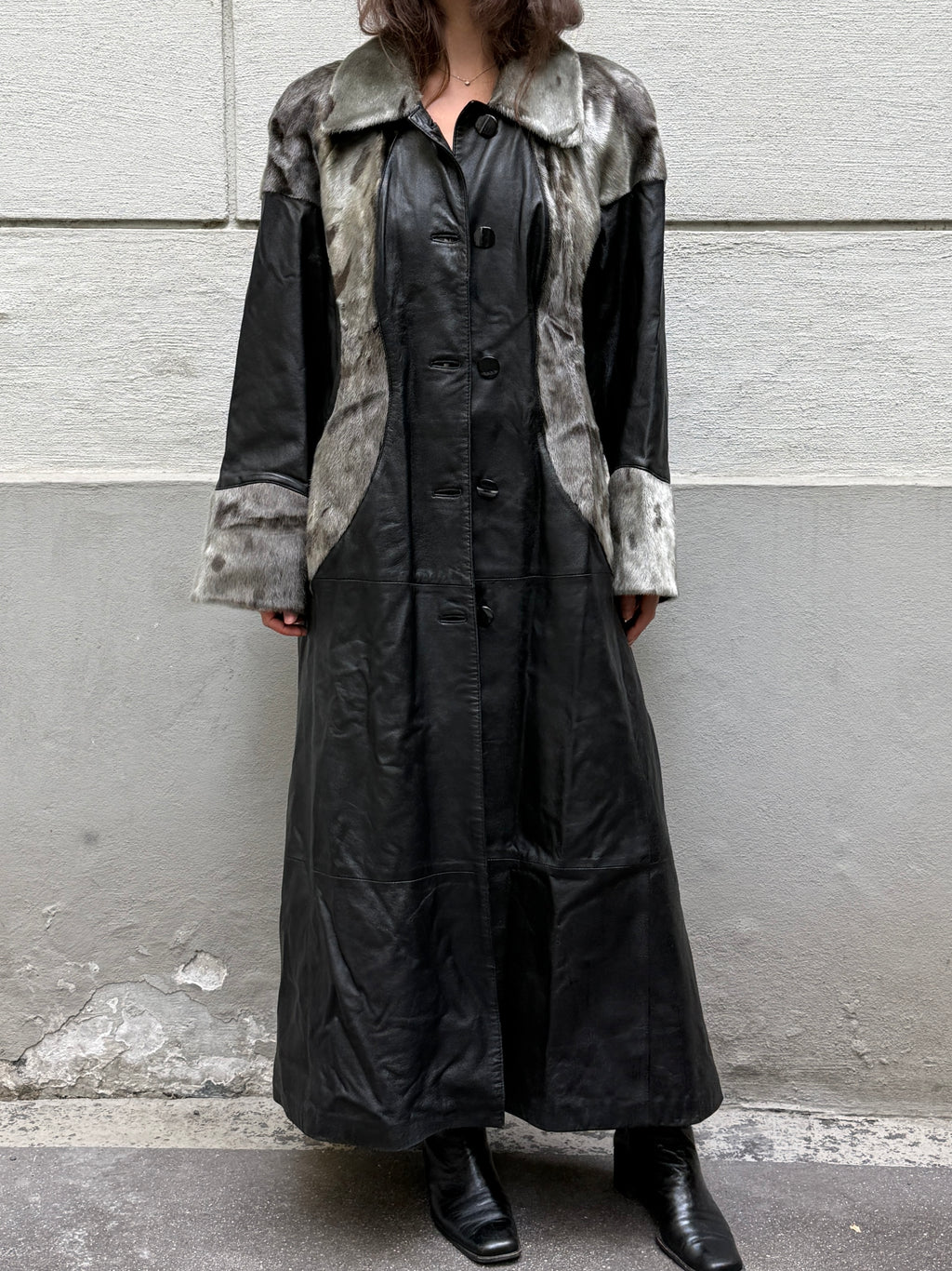 Vintage 100% Genuine Leather & Fur Maxi Coat L/XL