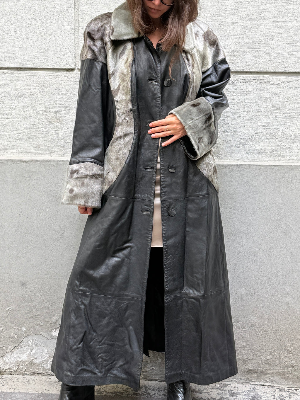 Vintage 100% Genuine Leather & Fur Maxi Coat L/XL