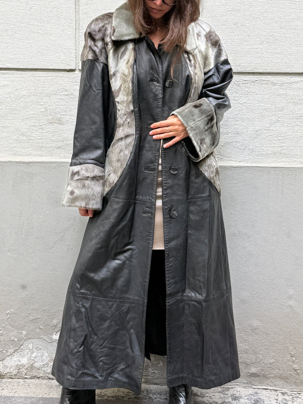 Vintage 100% Genuine Leather & Fur Maxi Coat L/XL