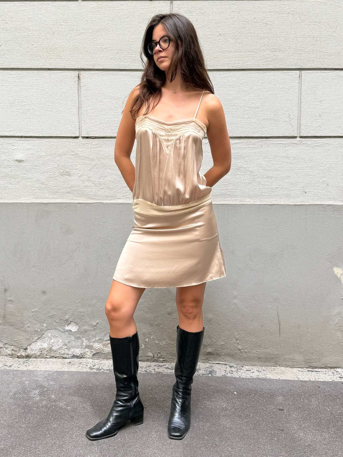 Vintage Y2K 100% Silk Champagne Mini Dress S/M