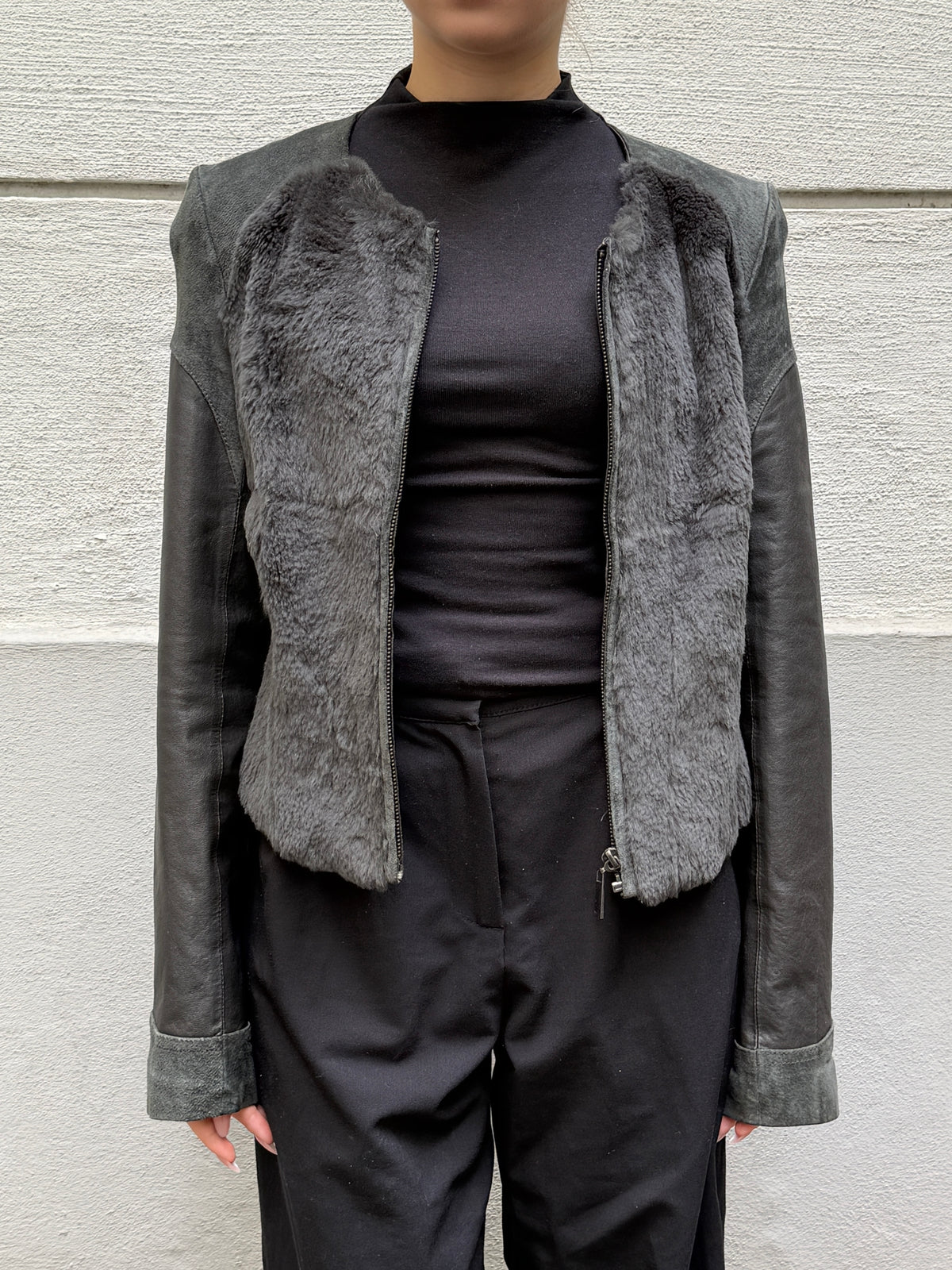 Vintage 100% Genuine Suede Leather & Fur Dark Green Jacket XS/S