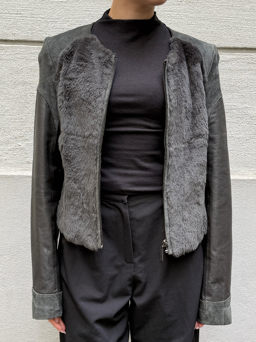 Vintage 100% Genuine Suede Leather & Fur Dark Green Jacket XS/S