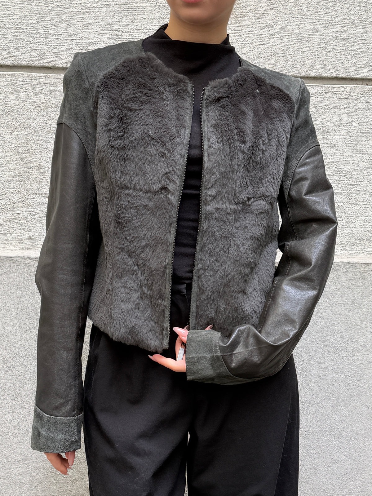 Vintage 100% Genuine Suede Leather & Fur Dark Green Jacket XS/S