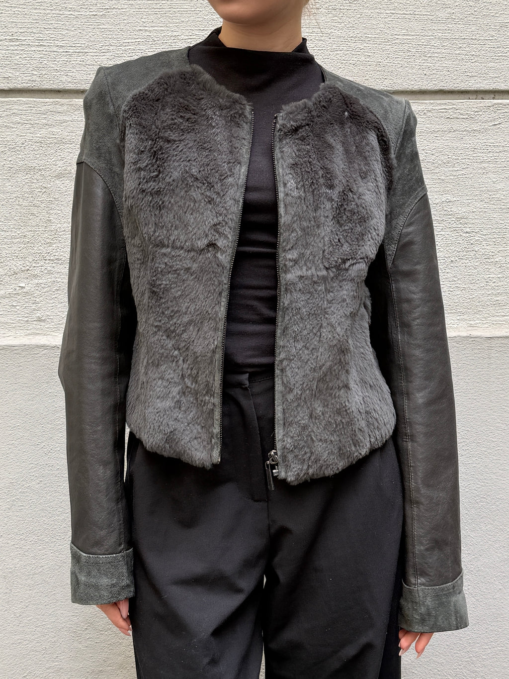 Vintage 100% Genuine Suede Leather & Fur Dark Green Jacket XS/S