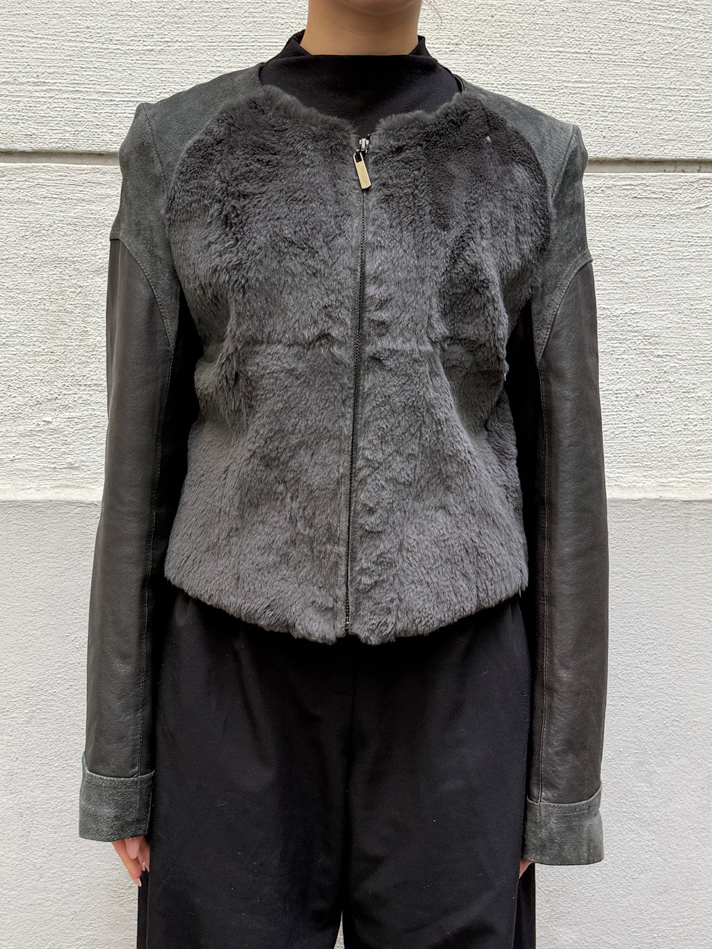 Vintage 100% Genuine Suede Leather & Fur Dark Green Jacket XS/S