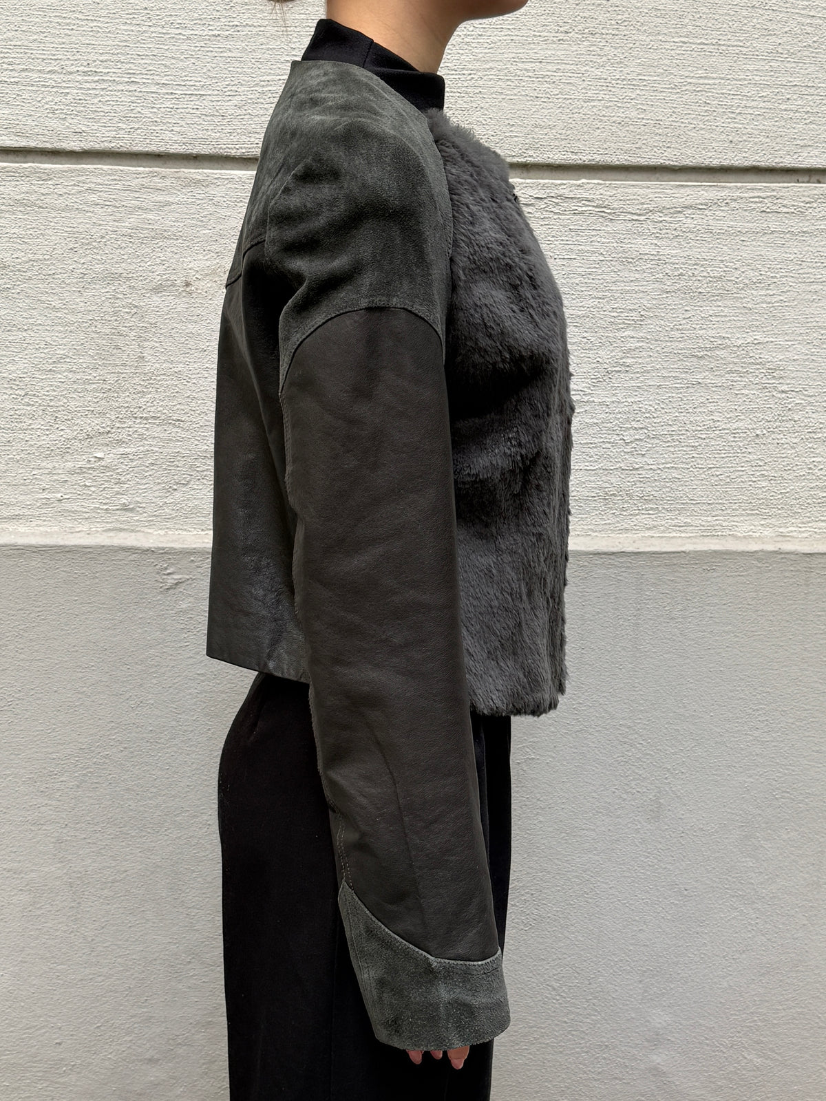 Vintage 100% Genuine Suede Leather & Fur Dark Green Jacket XS/S