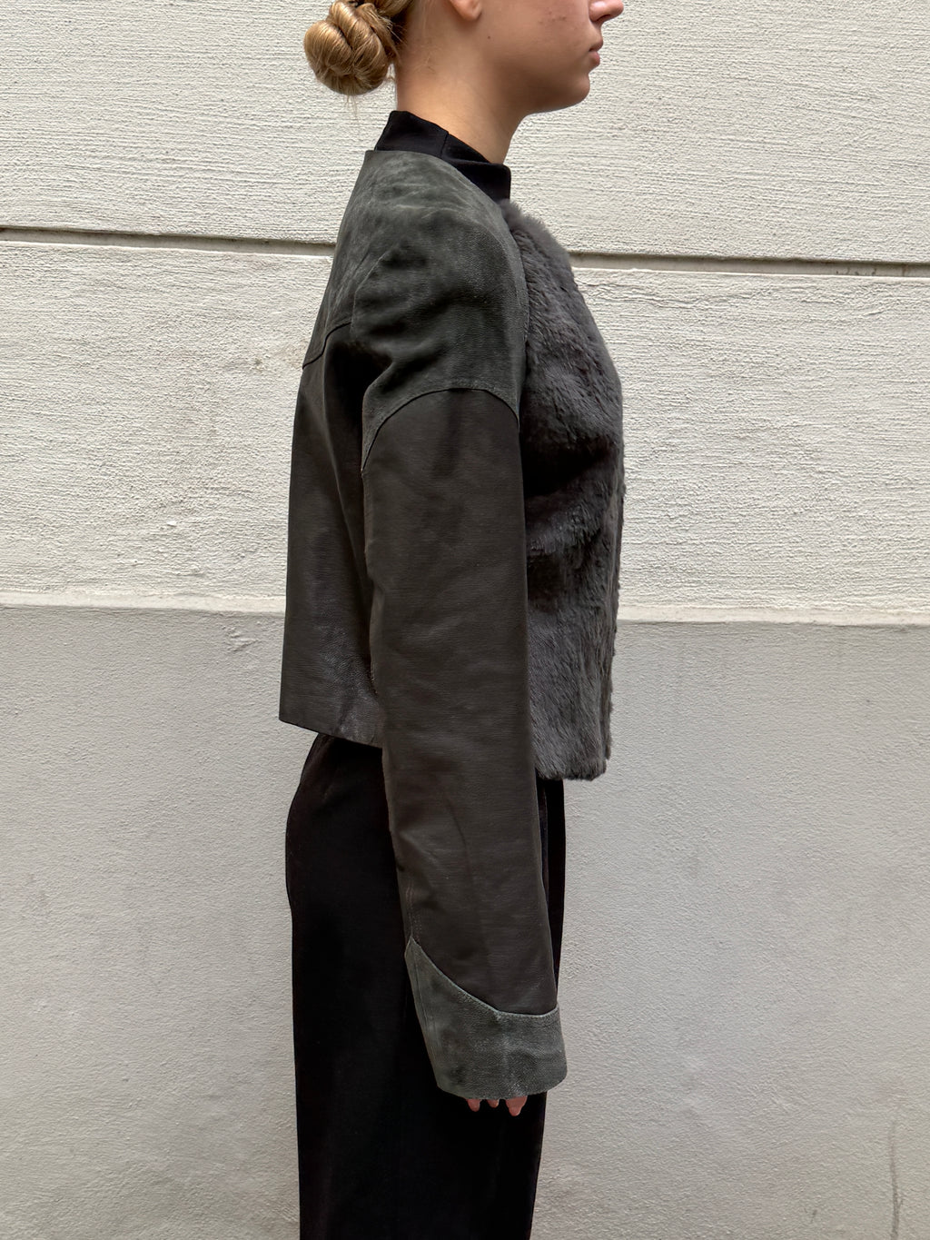Vintage 100% Genuine Suede Leather & Fur Dark Green Jacket XS/S