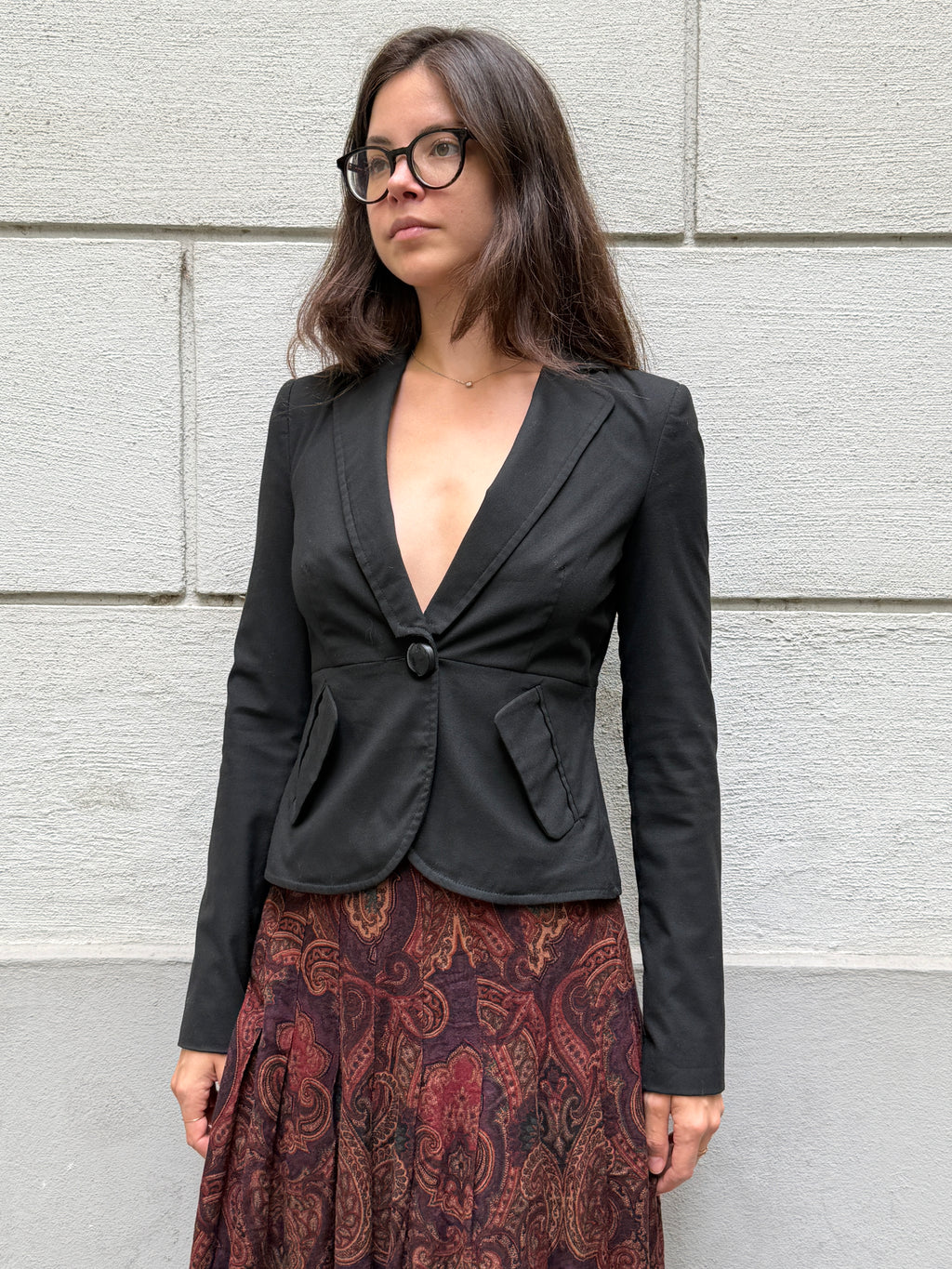 Vintage Black Cotton Deep Neck Blazer Jacket S