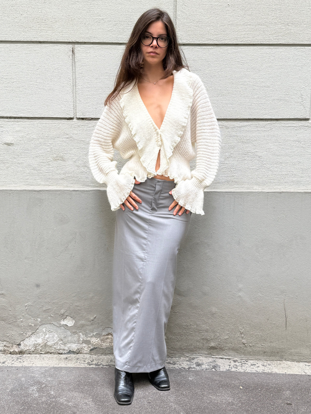 Vintage Handknit Wool/Cashmere Cream Ruffle Sweater M