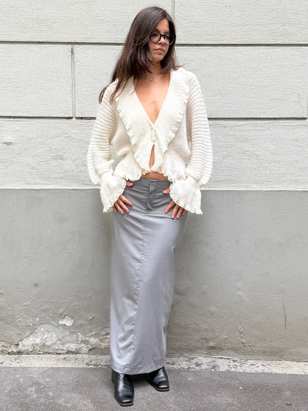 Vintage Handknit Wool/Cashmere Cream Ruffle Sweater M