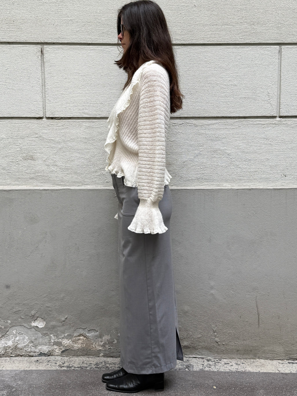 Vintage Handknit Wool/Cashmere Cream Ruffle Sweater M