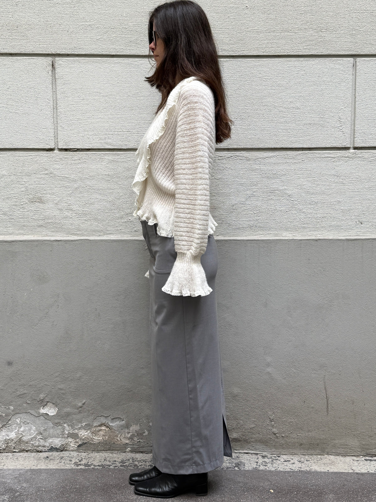 Vintage Handknit Wool/Cashmere Cream Ruffle Sweater M