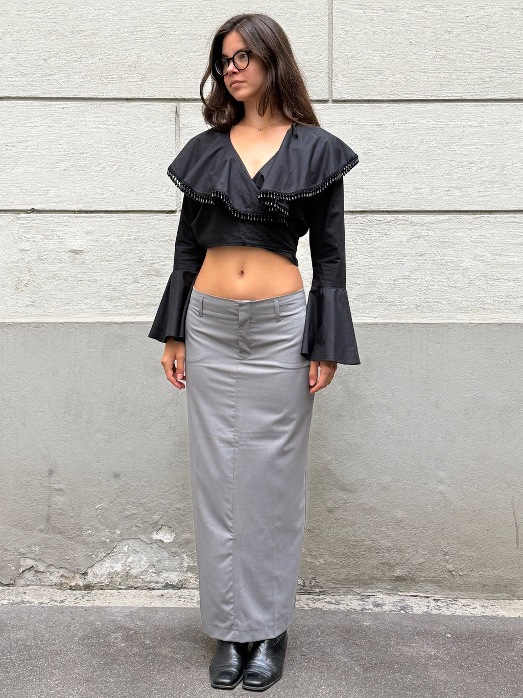 Y2K Black Beaded Tassel Flared Sleeve Wrap Top One Size