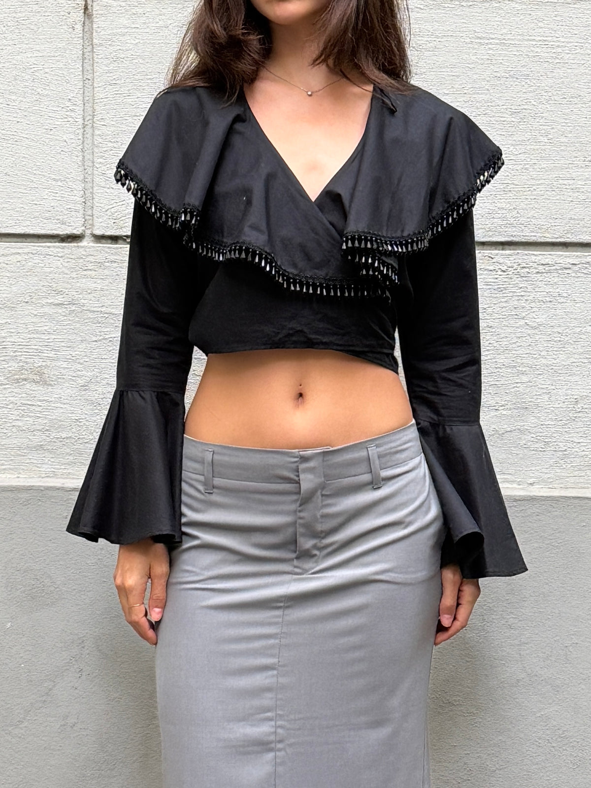 Y2K Black Beaded Tassel Flared Sleeve Wrap Top One Size