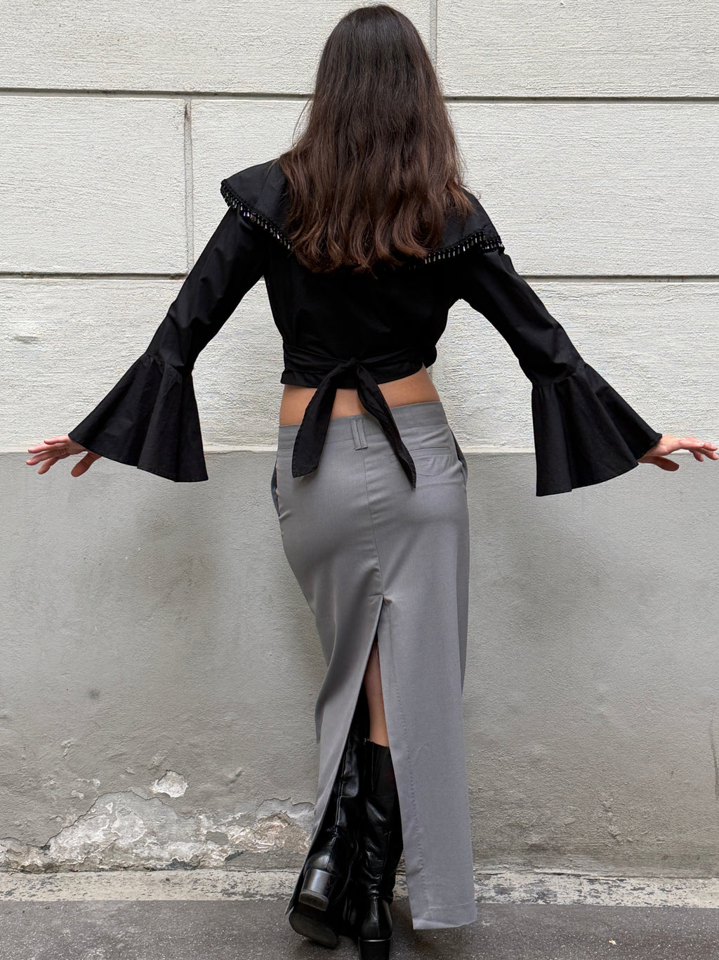 Y2K Black Beaded Tassel Flared Sleeve Wrap Top One Size