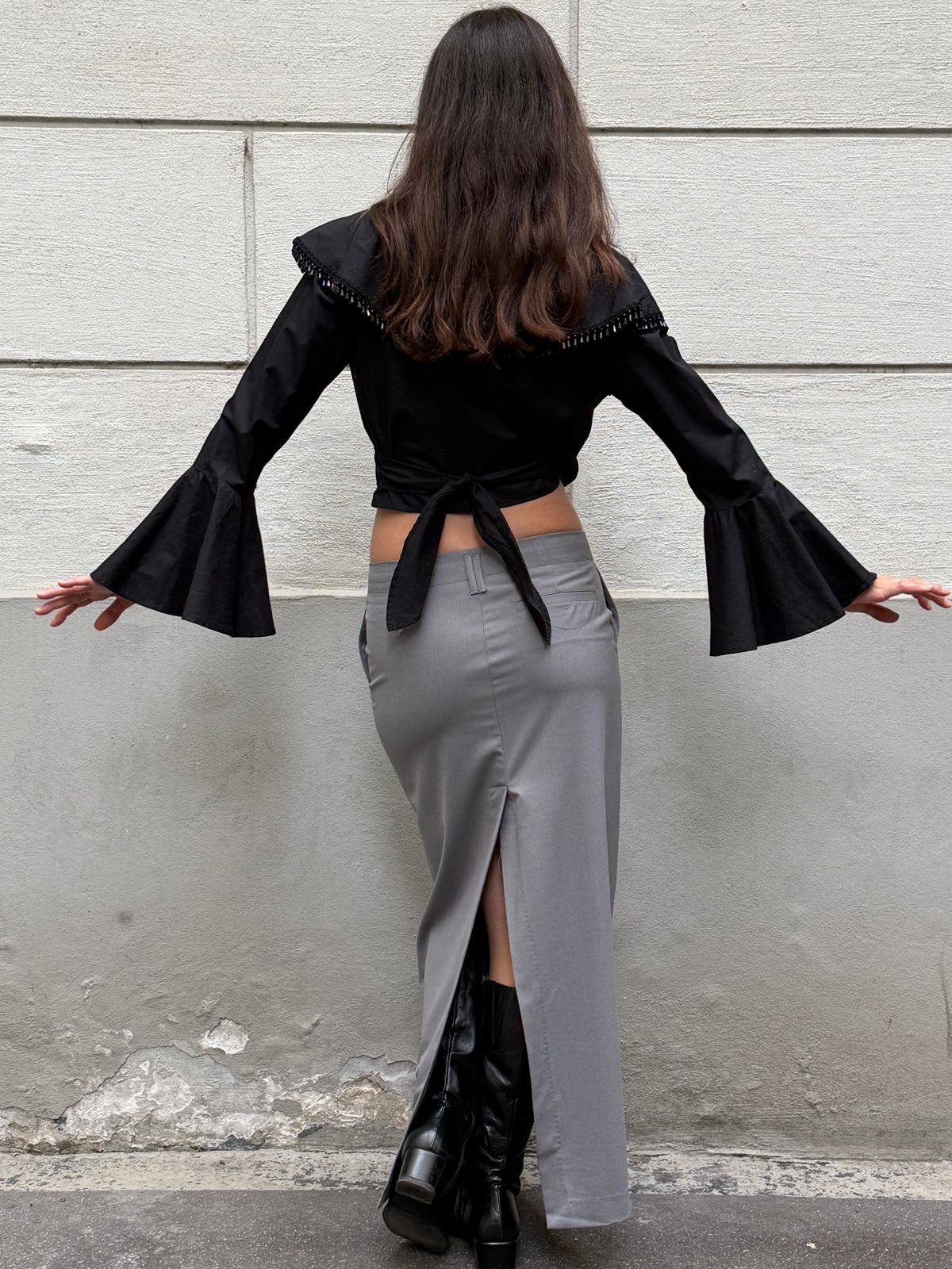 Y2K Black Beaded Tassel Flared Sleeve Wrap Top One Size