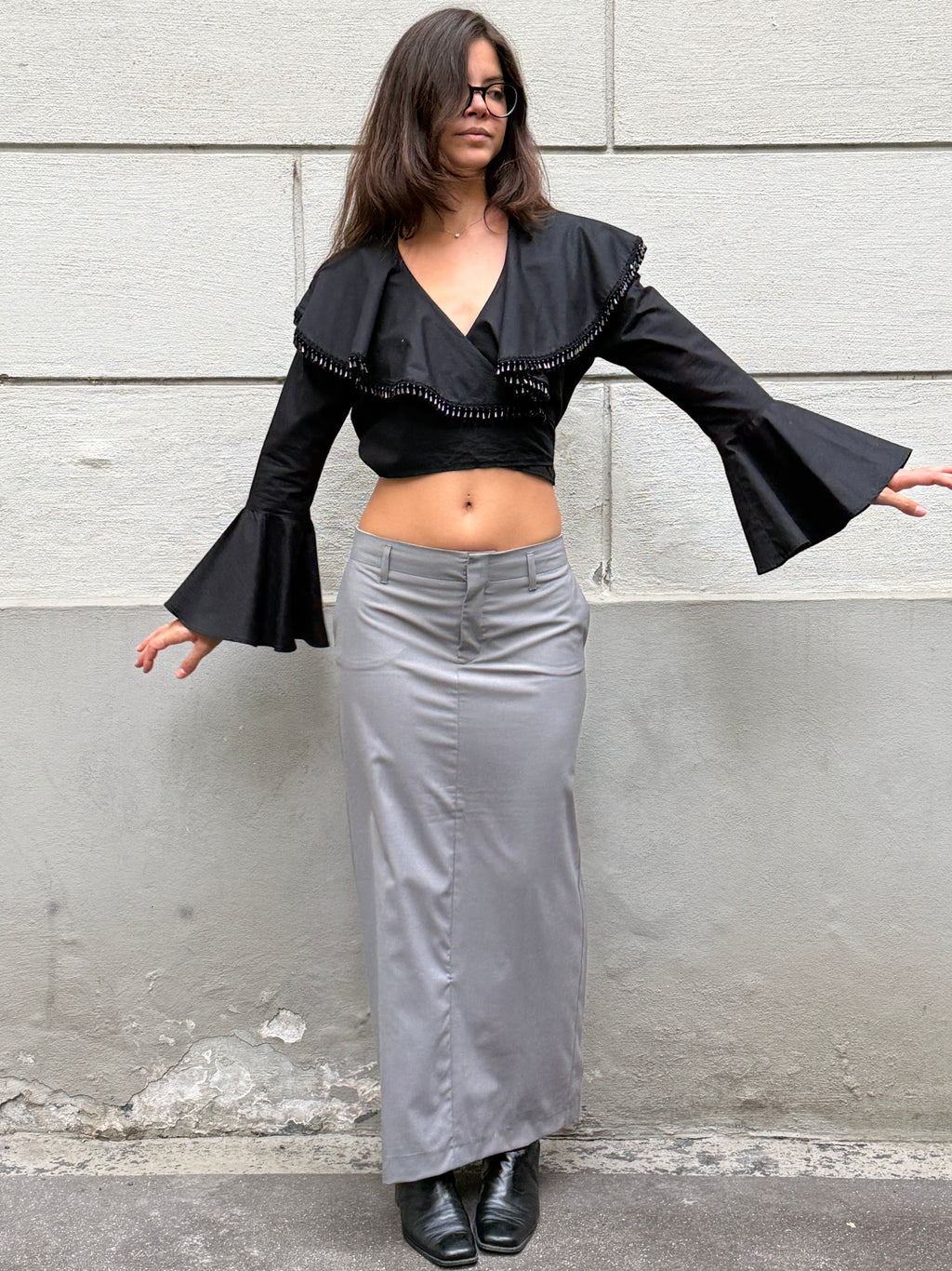 Y2K Black Beaded Tassel Flared Sleeve Wrap Top One Size