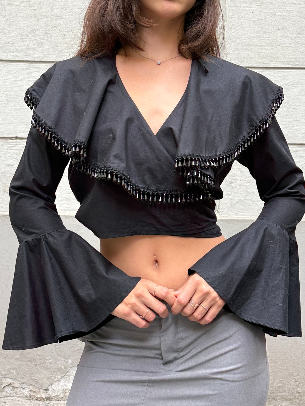 Y2K Black Beaded Tassel Flared Sleeve Wrap Top One Size