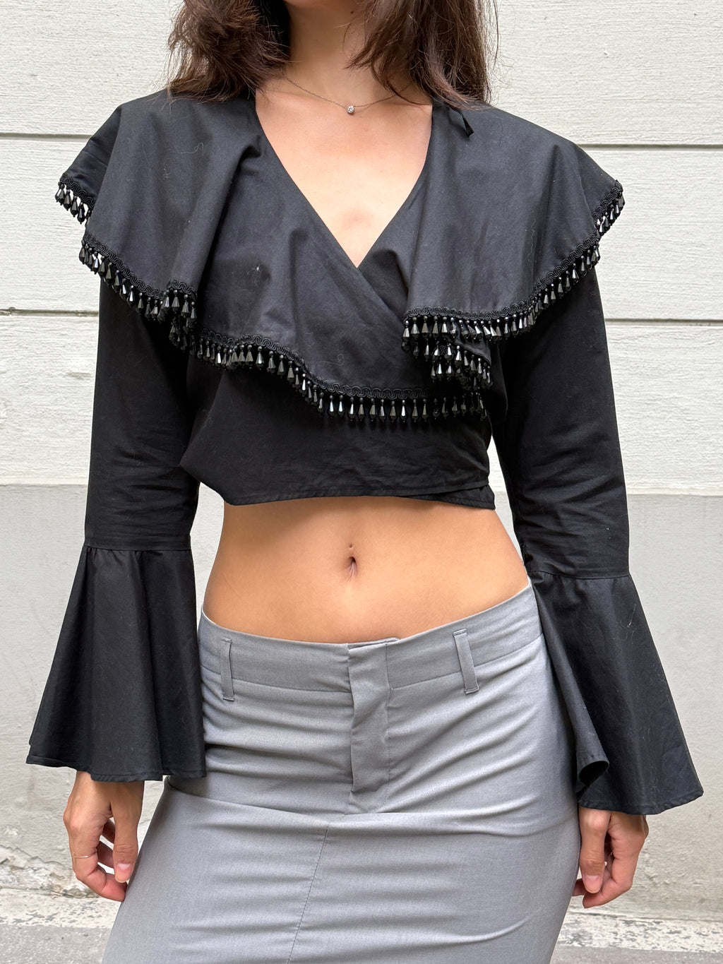 Y2K Black Beaded Tassel Flared Sleeve Wrap Top One Size