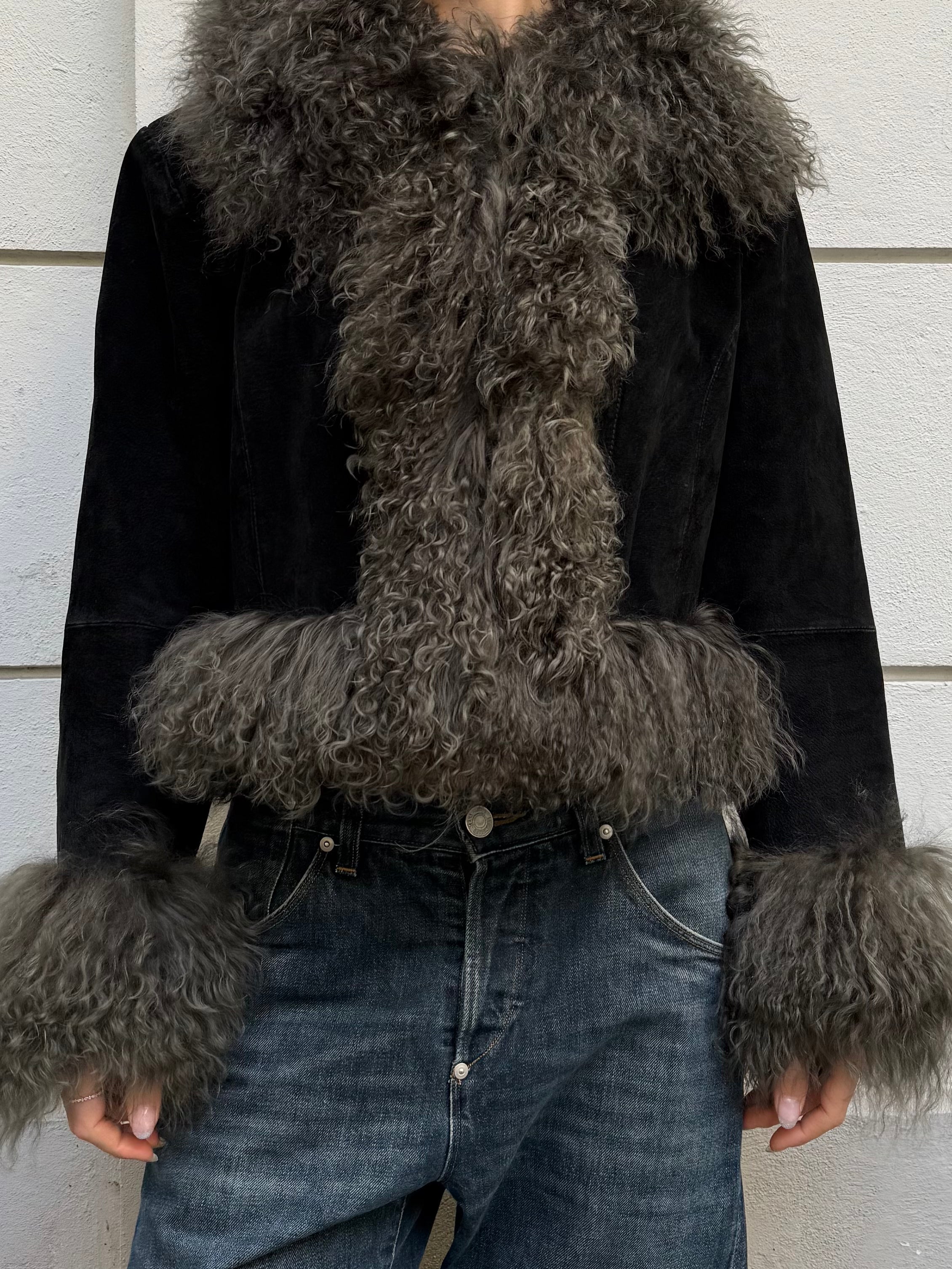 Khaki/Black Afghan Short Coat 100% Real Suede Leather & Mongolian Lamb Shearling Trim L