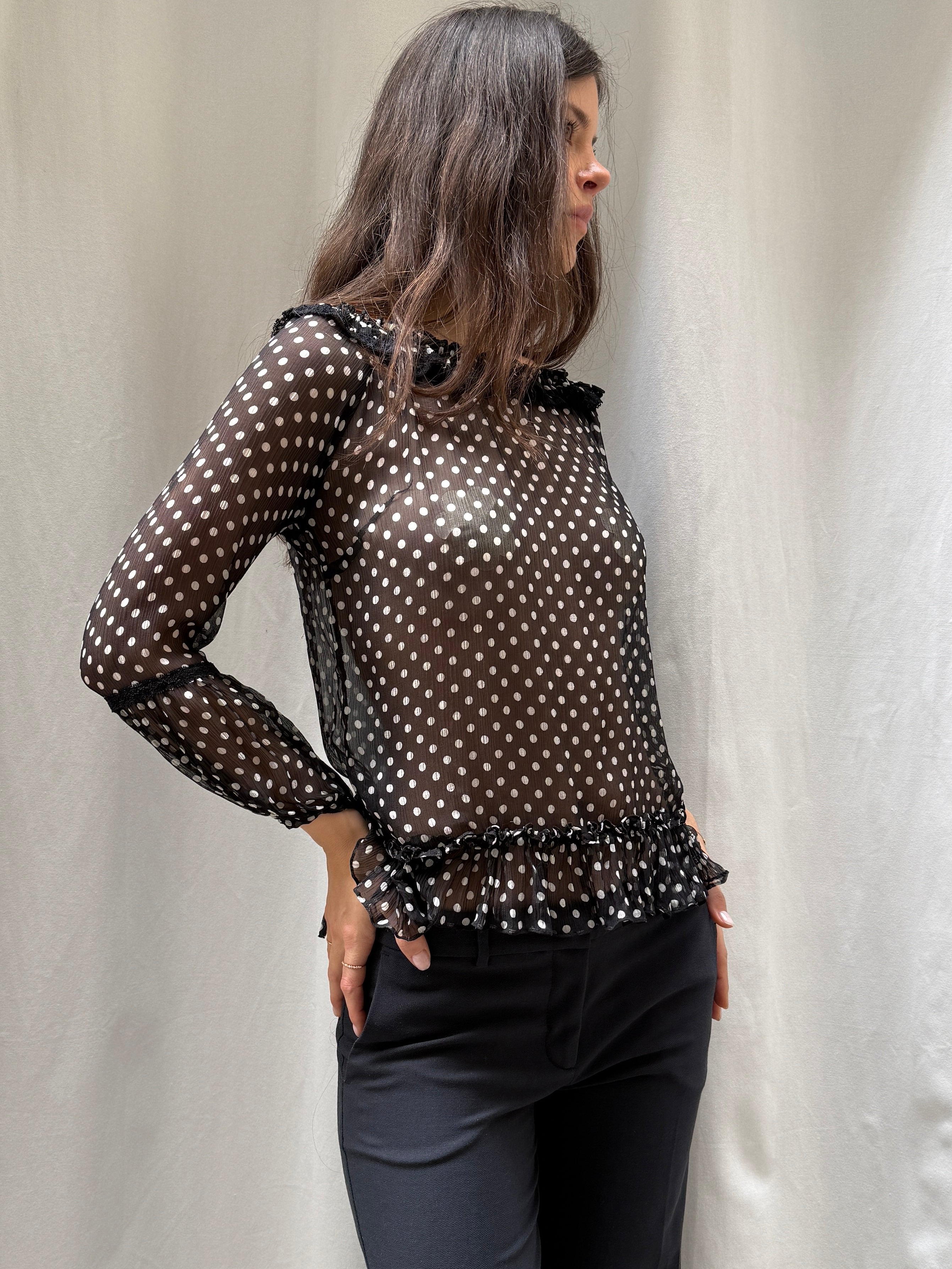 Vintage 100% Silk Guess Black Polka Dot Top S