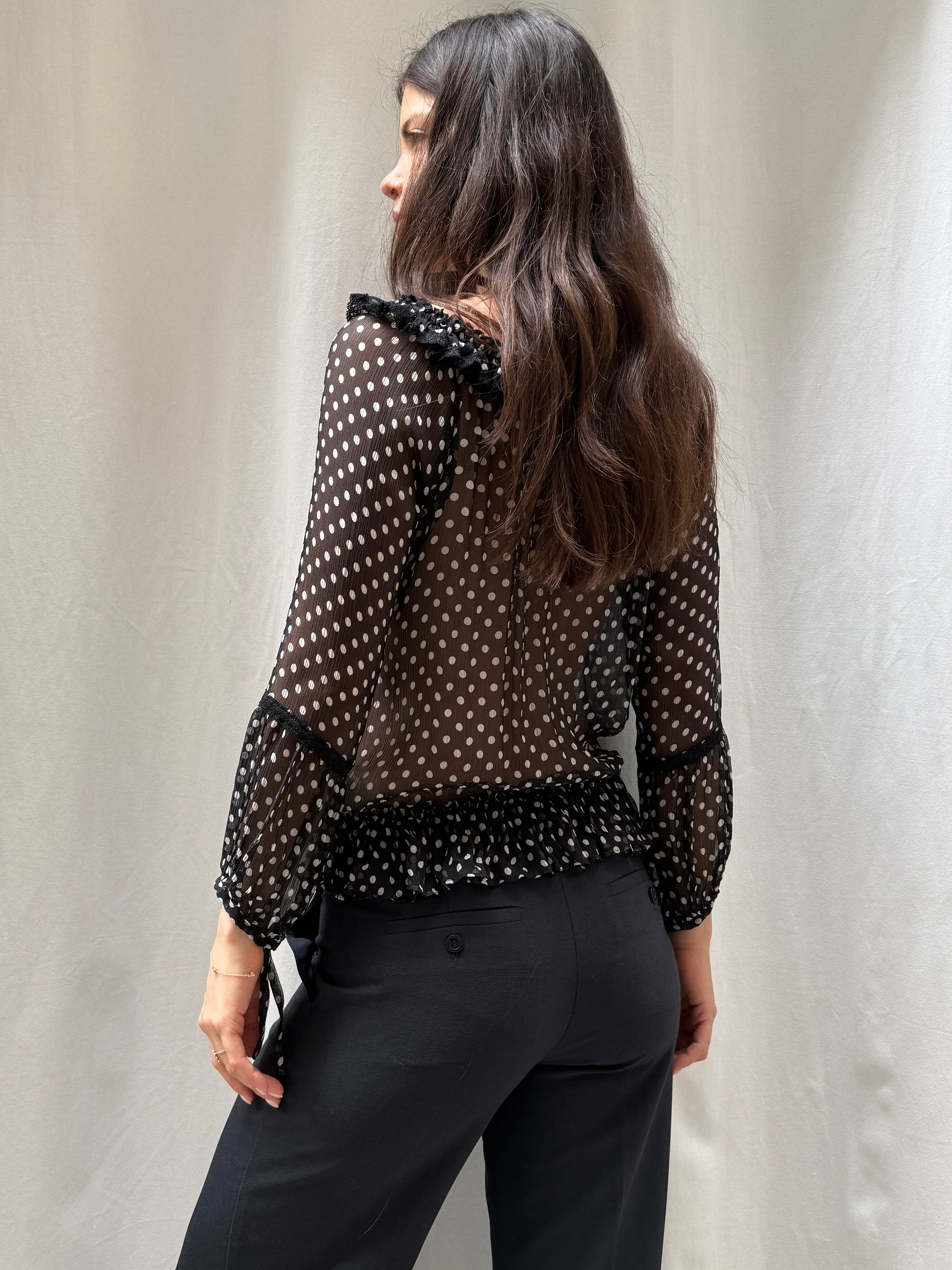 Vintage 100% Silk Guess Black Polka Dot Top S