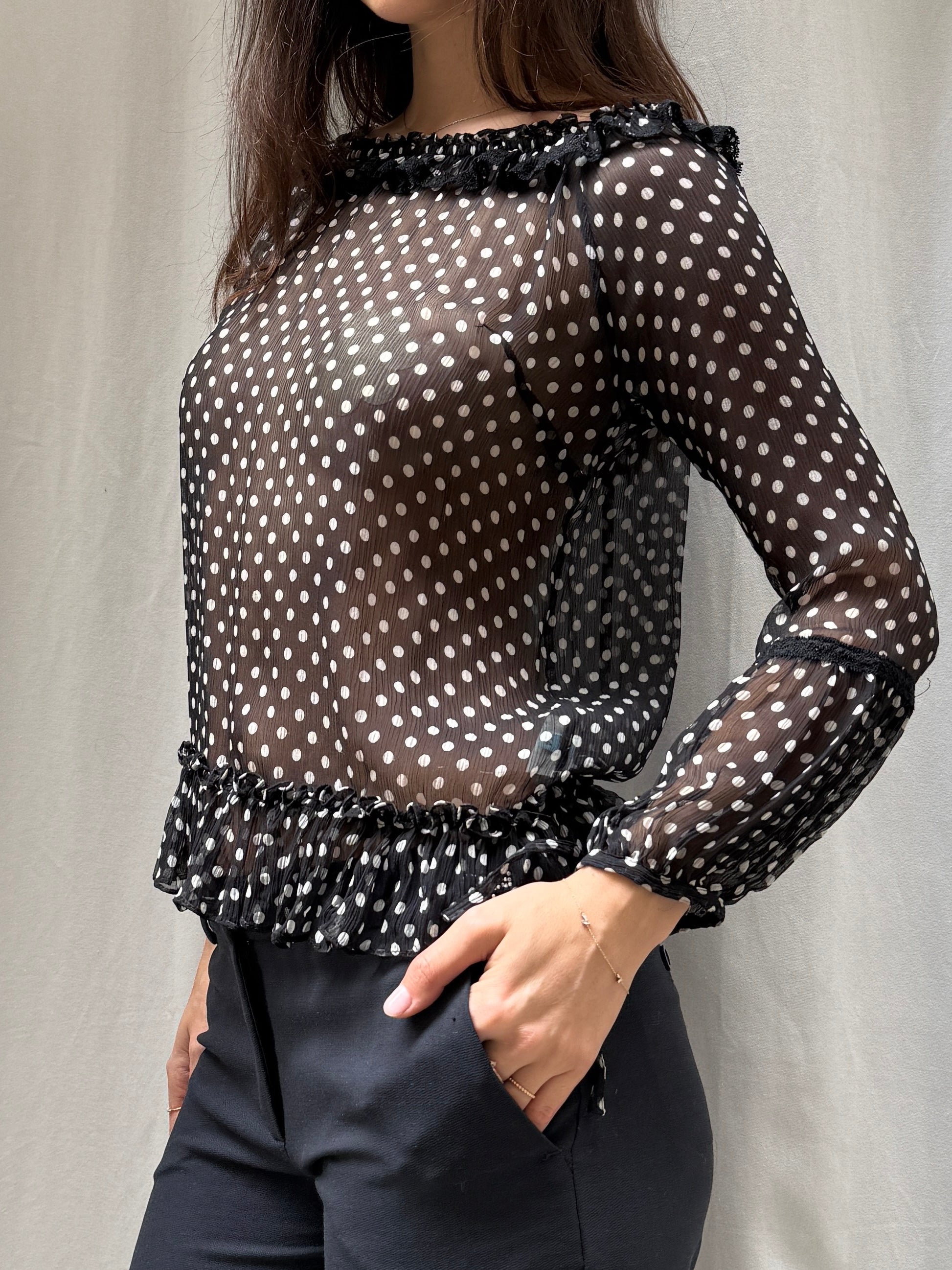 Vintage 100% Silk Guess Black Polka Dot Top S
