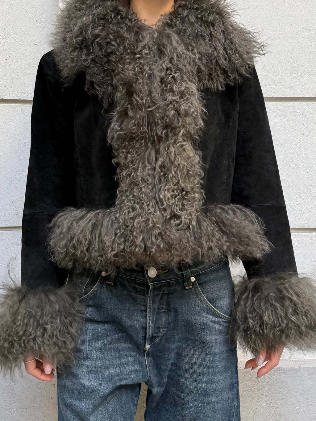 Khaki/Black Afghan Short Coat 100% Real Suede Leather & Mongolian Lamb Shearling Trim L