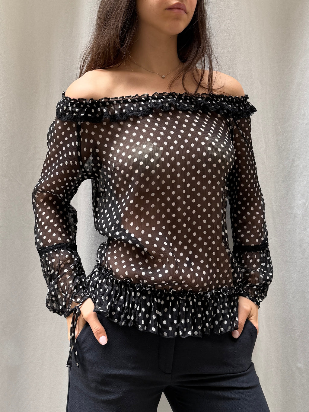 Vintage 100% Silk Guess Black Polka Dot Top S