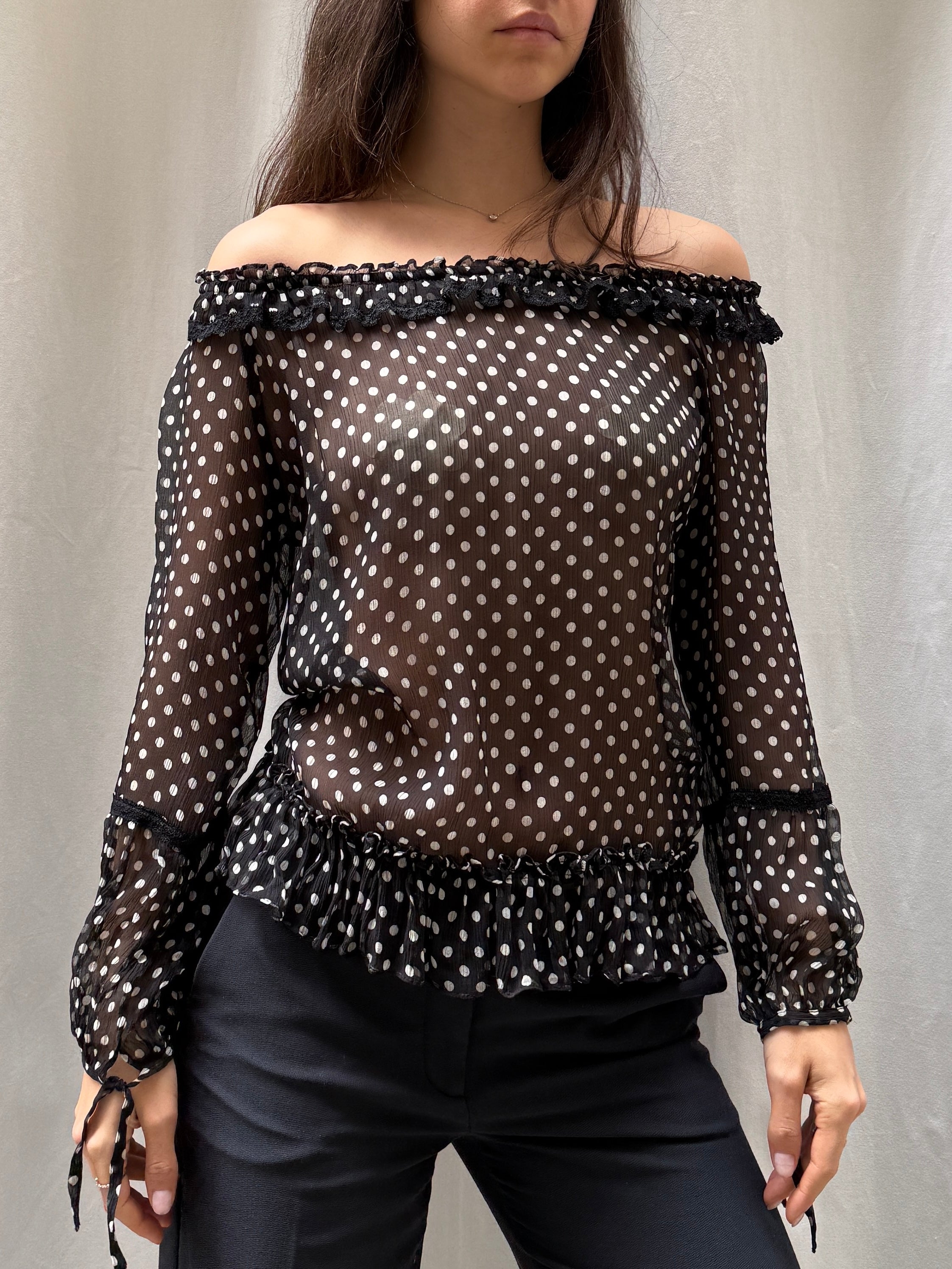 Vintage 100% Silk Guess Black Polka Dot Top S