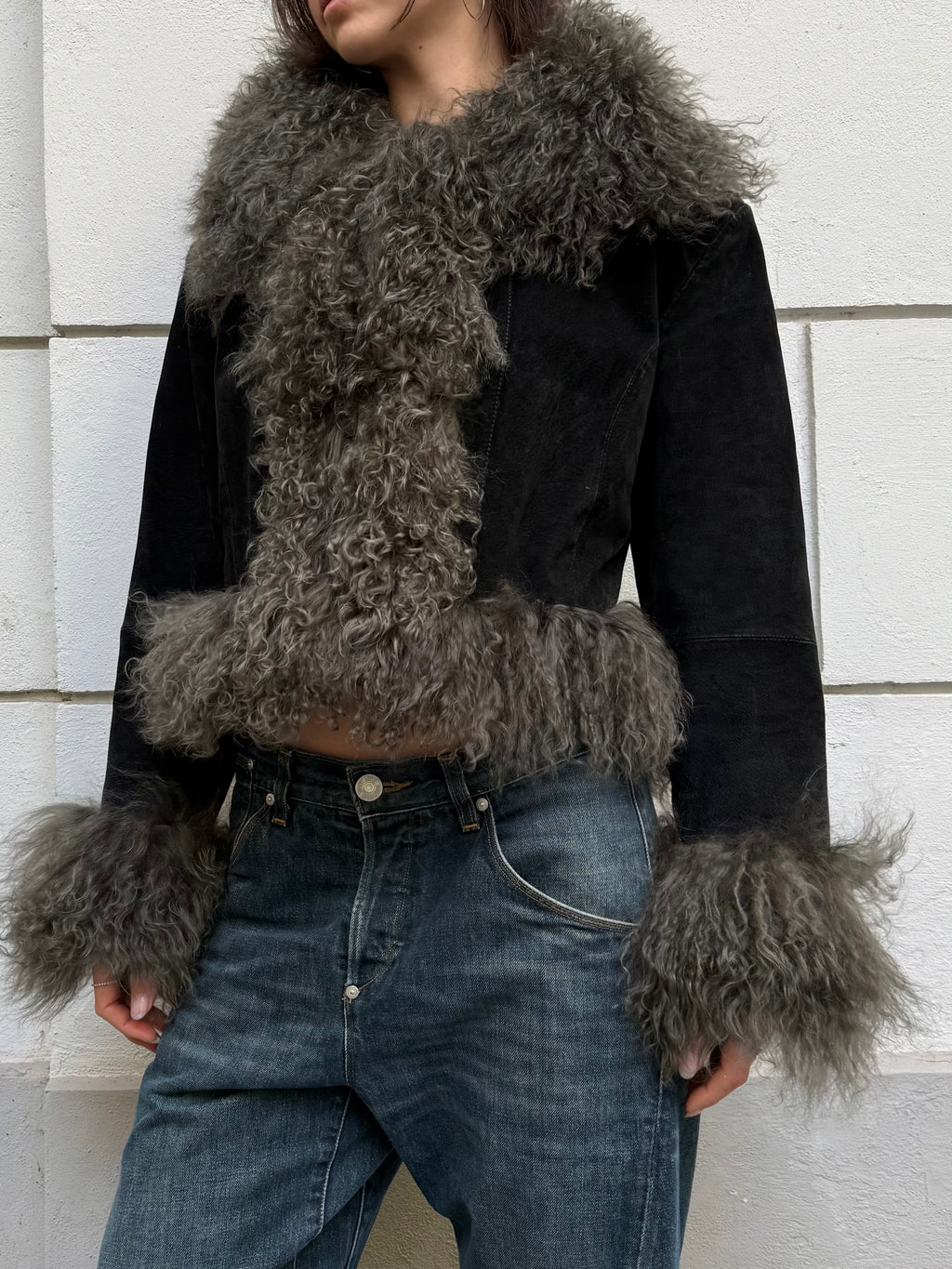 Khaki/Black Afghan Short Coat 100% Real Suede Leather & Mongolian Lamb Shearling Trim L