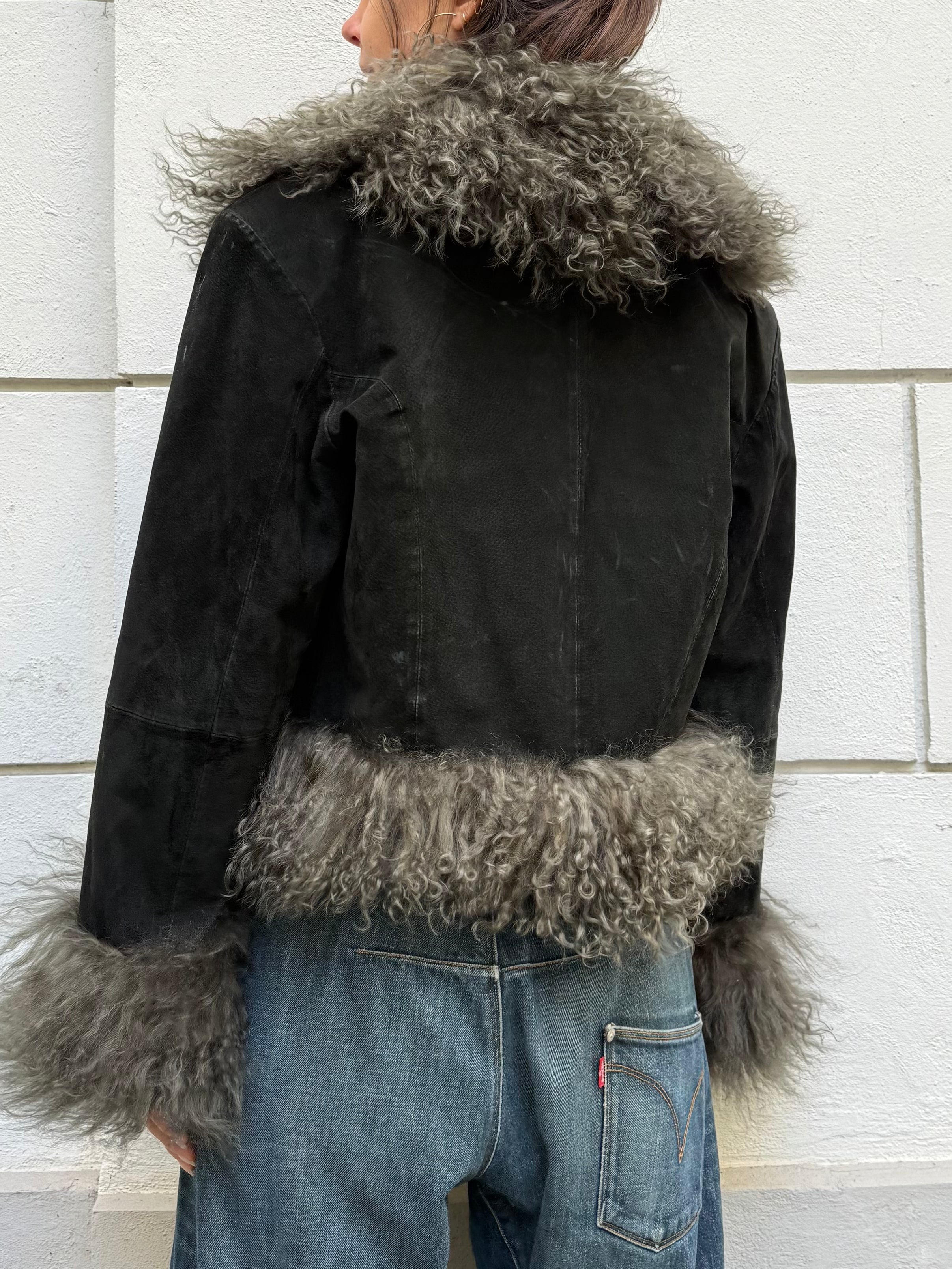 Khaki/Black Afghan Short Coat 100% Real Suede Leather & Mongolian Lamb Shearling Trim L