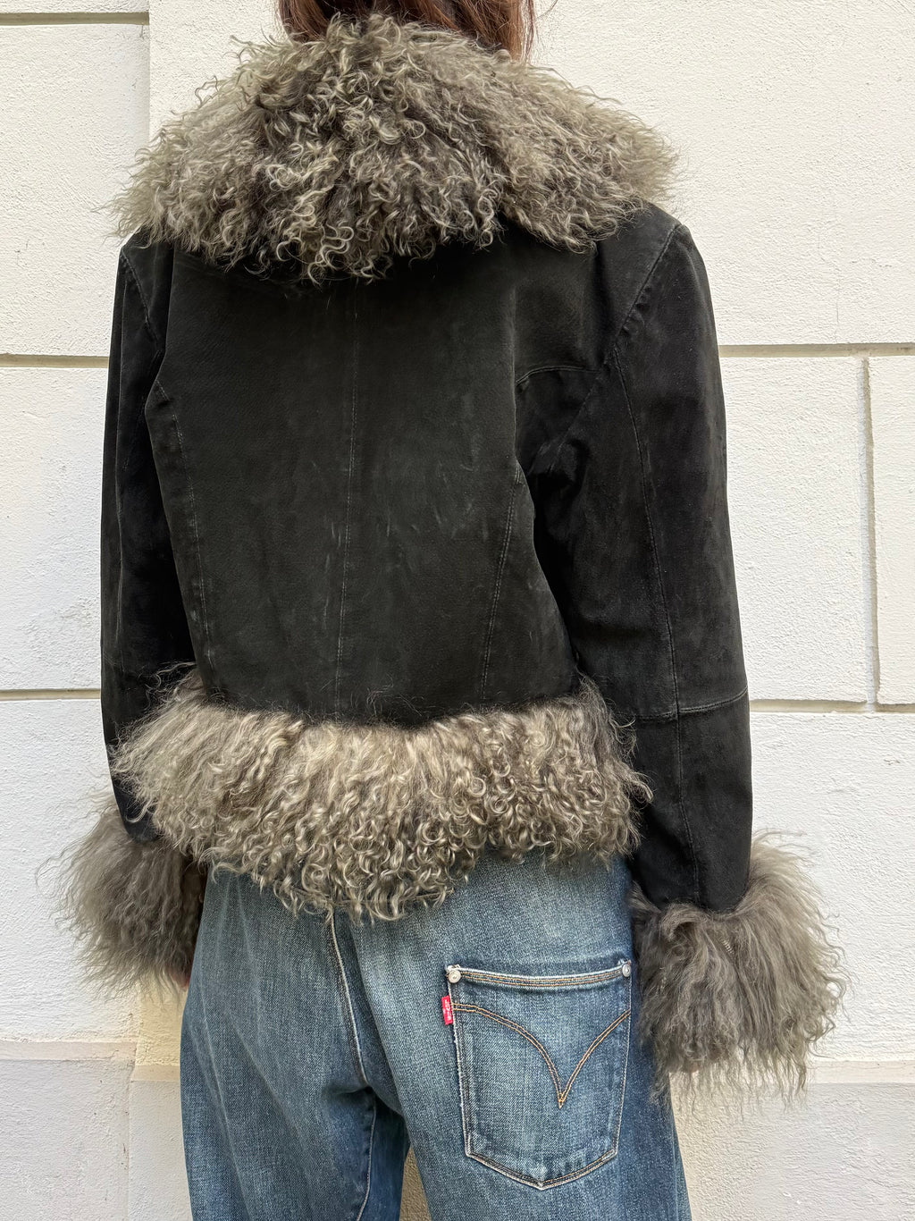 Khaki/Black Afghan Short Coat 100% Real Suede Leather & Mongolian Lamb Shearling Trim L