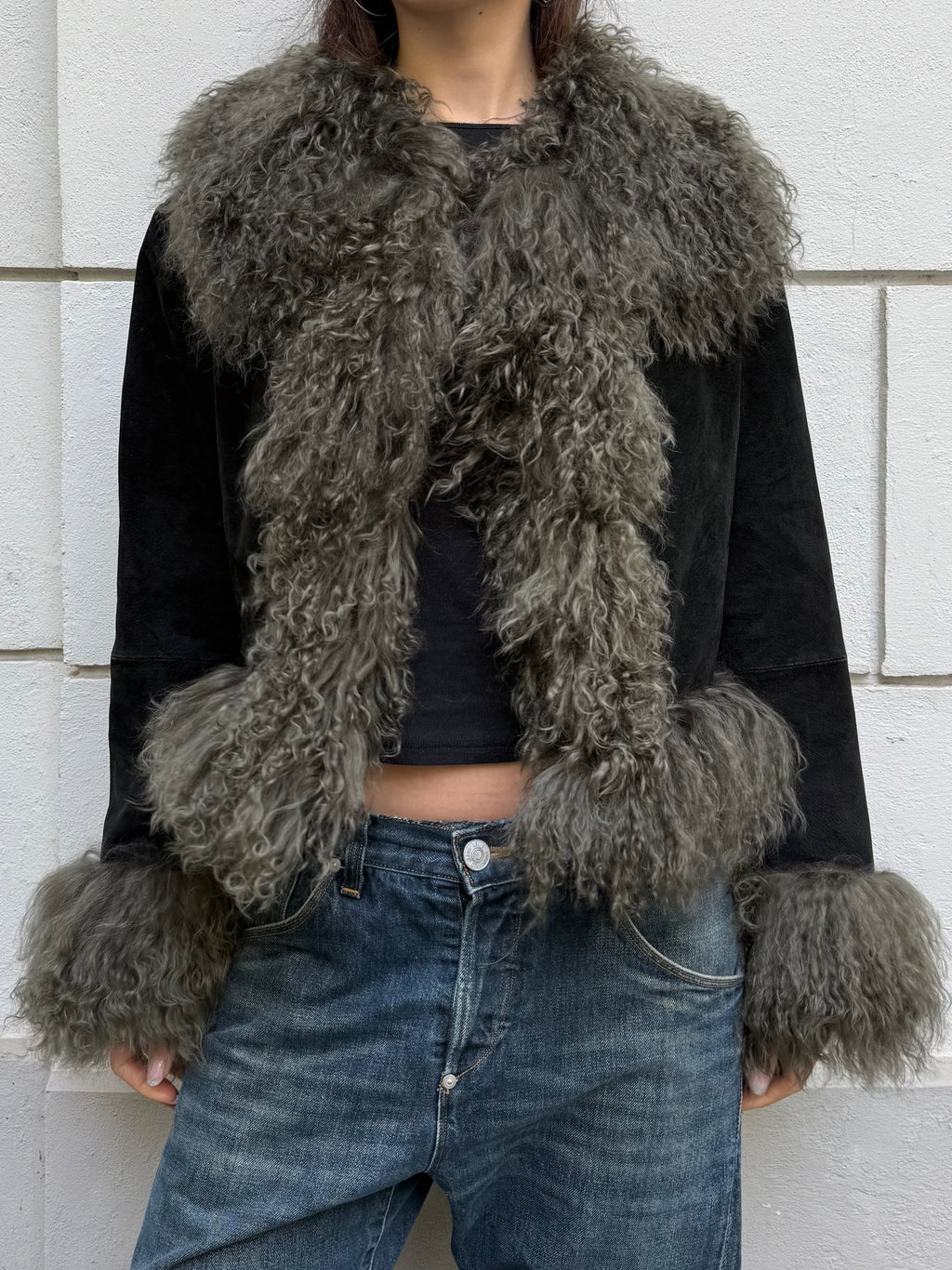 Khaki/Black Afghan Short Coat 100% Real Suede Leather & Mongolian Lamb Shearling Trim L