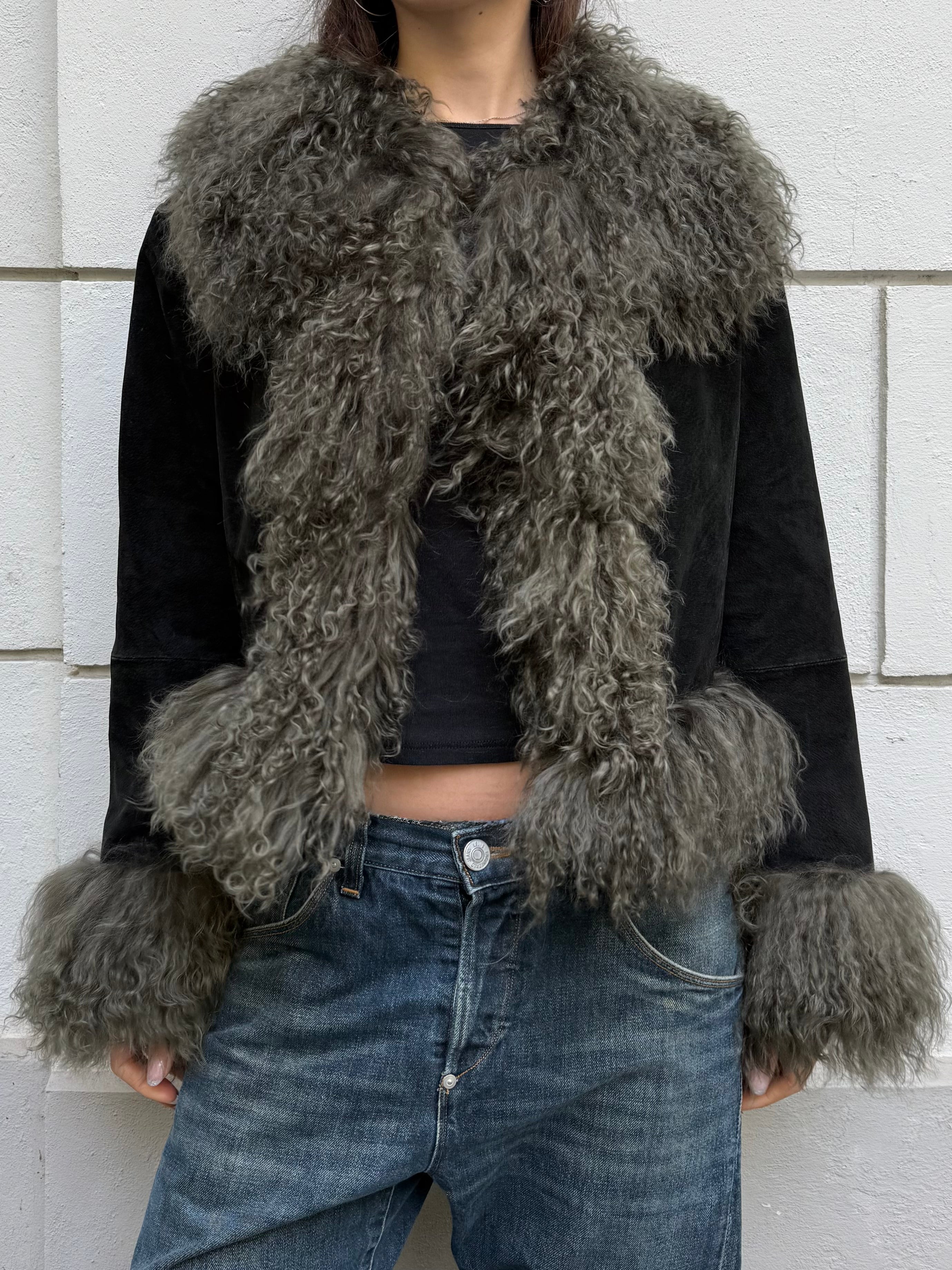 Khaki/Black Afghan Short Coat 100% Real Suede Leather & Mongolian Lamb Shearling Trim L