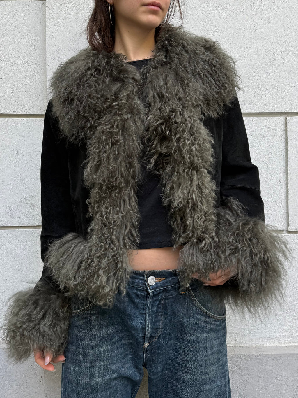 Khaki/Black Afghan Short Coat 100% Real Suede Leather & Mongolian Lamb Shearling Trim L