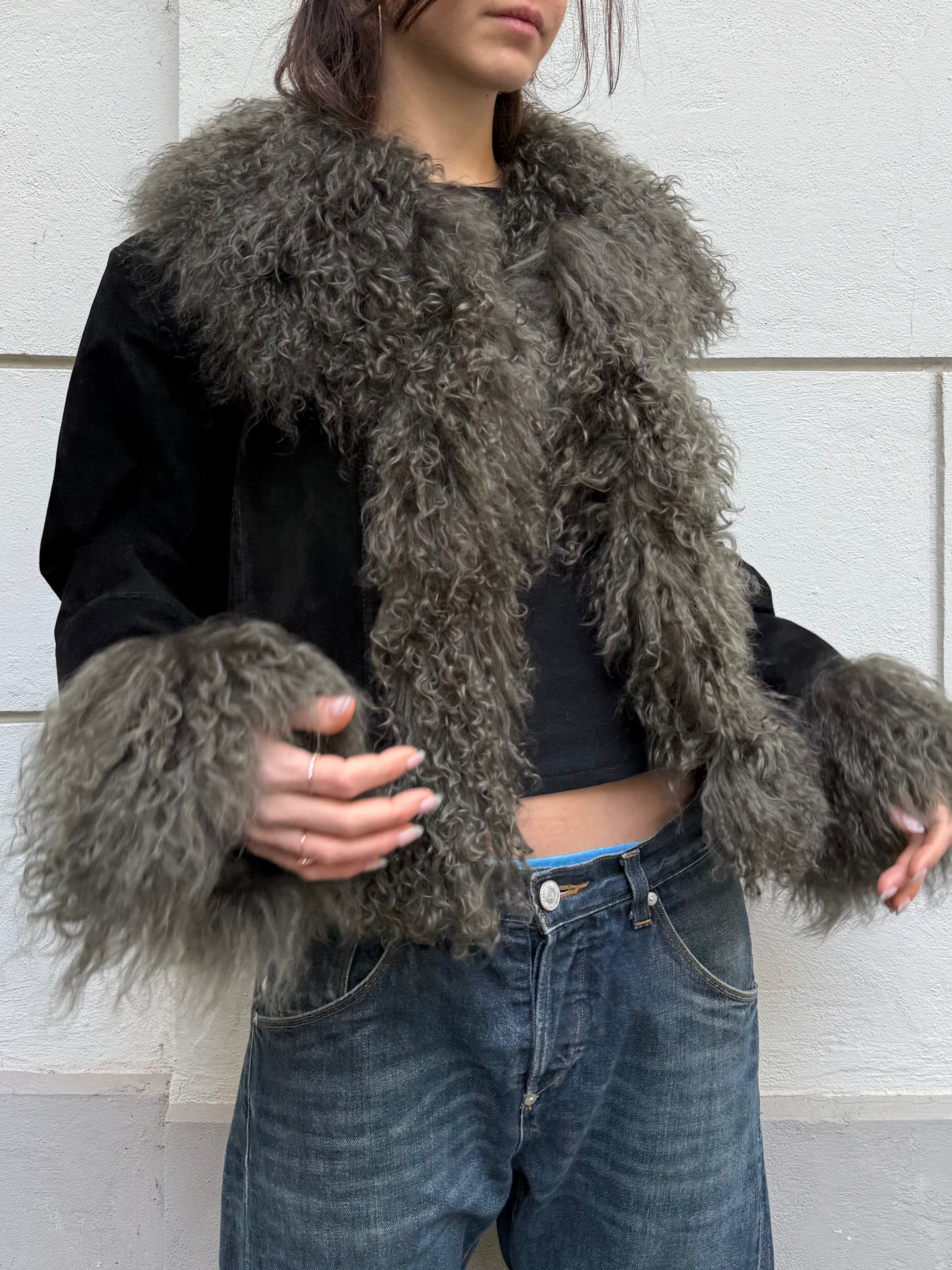 Khaki/Black Afghan Short Coat 100% Real Suede Leather & Mongolian Lamb Shearling Trim L