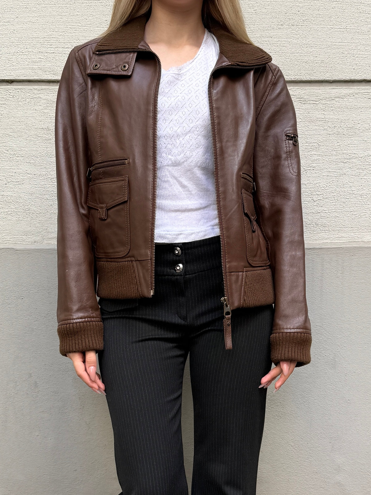 Vintage Y2K High Neck MNG 100% Genuine Leather Jacket S