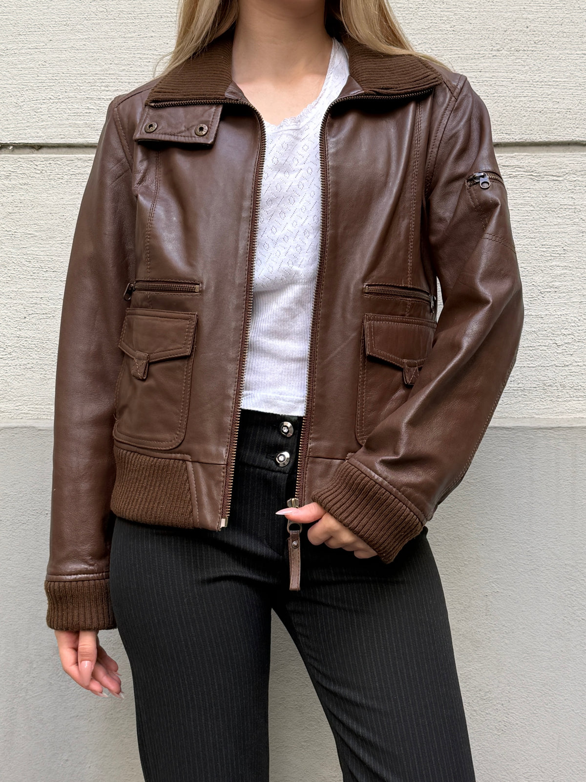 Vintage Y2K High Neck MNG 100% Genuine Leather Jacket S