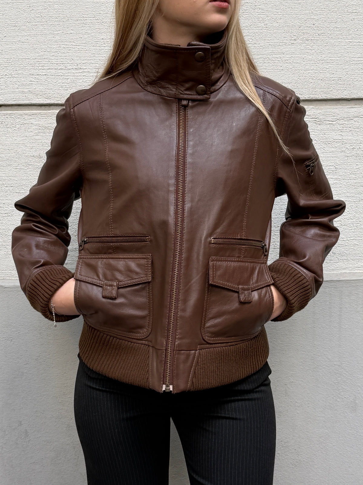 Vintage Y2K High Neck MNG 100% Genuine Leather Jacket S