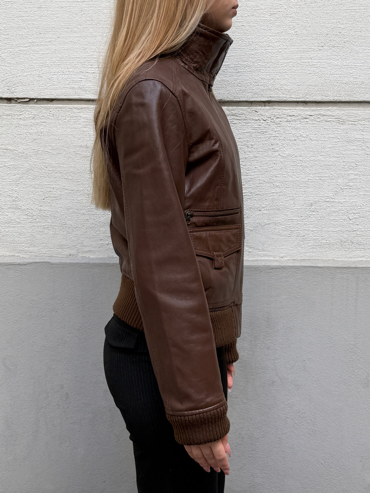 Vintage Y2K High Neck MNG 100% Genuine Leather Jacket S