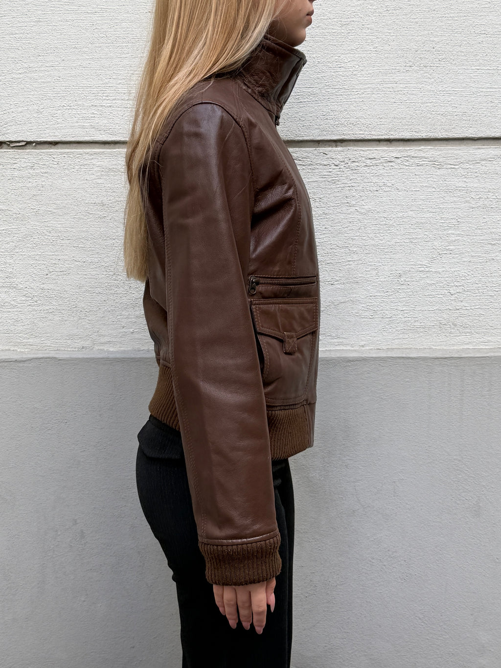 Vintage Y2K High Neck MNG 100% Genuine Leather Jacket S