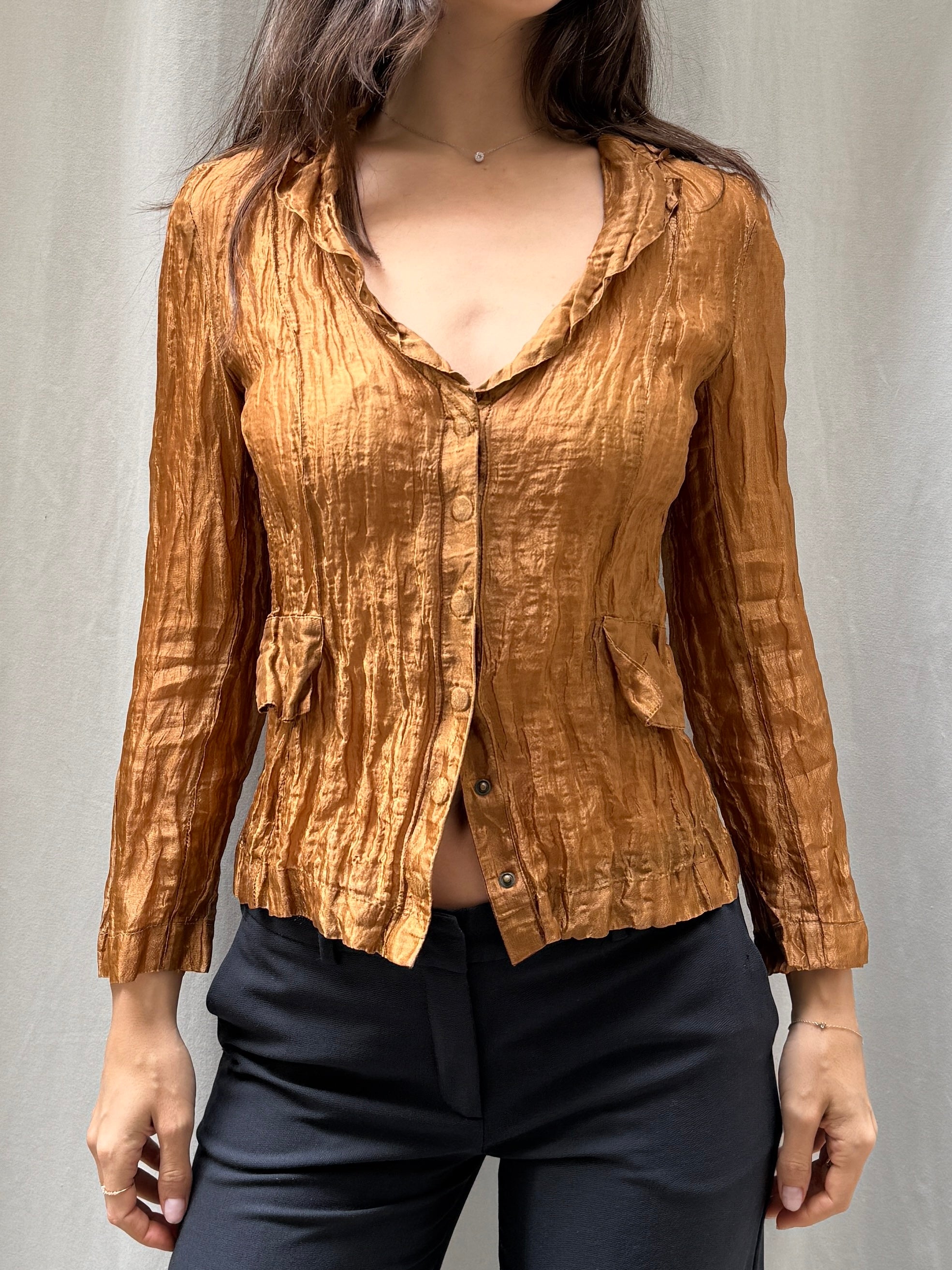 Vintage Copper Crinkle Button Down Blouse S/M