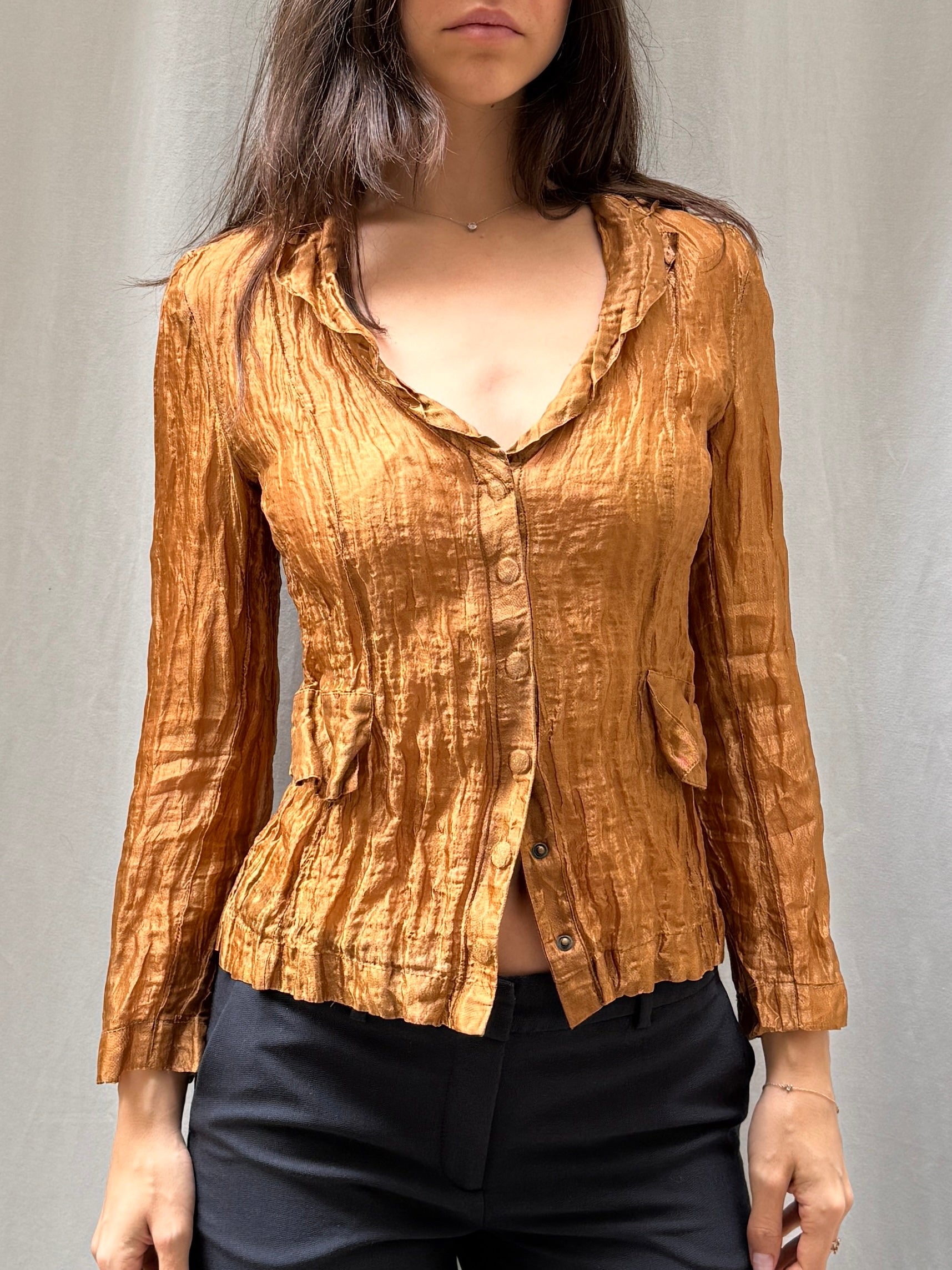 Vintage Copper Crinkle Button Down Blouse S/M