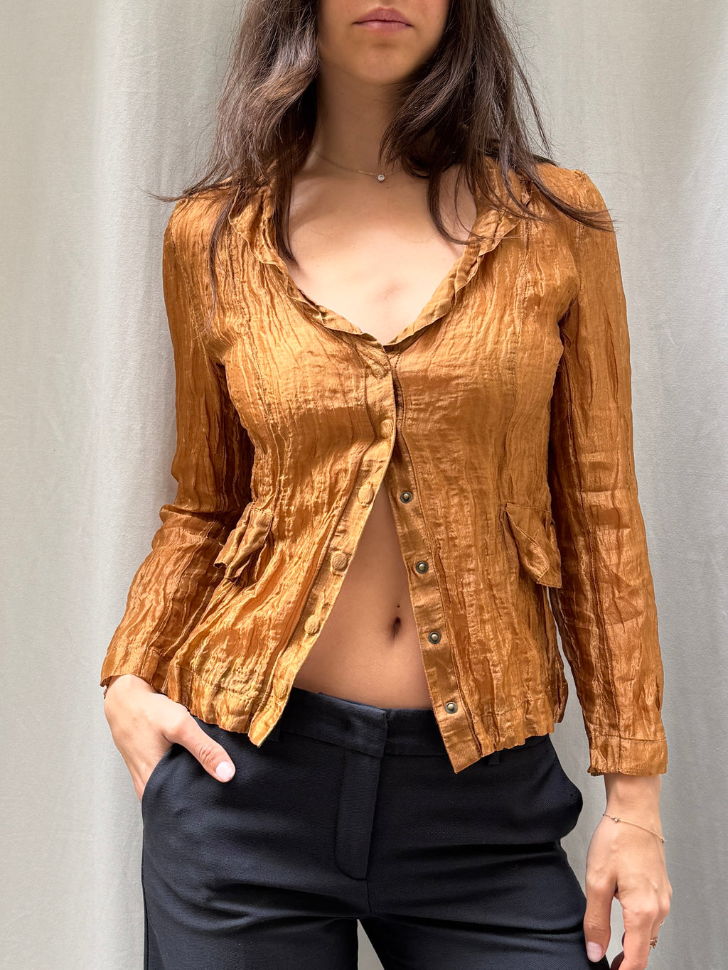 Vintage Copper Crinkle Button Down Blouse S/M