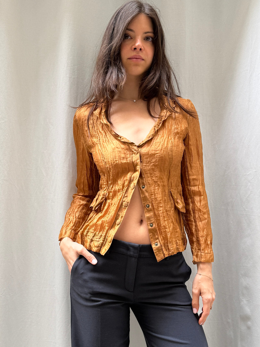 Vintage Copper Crinkle Button Down Blouse S/M