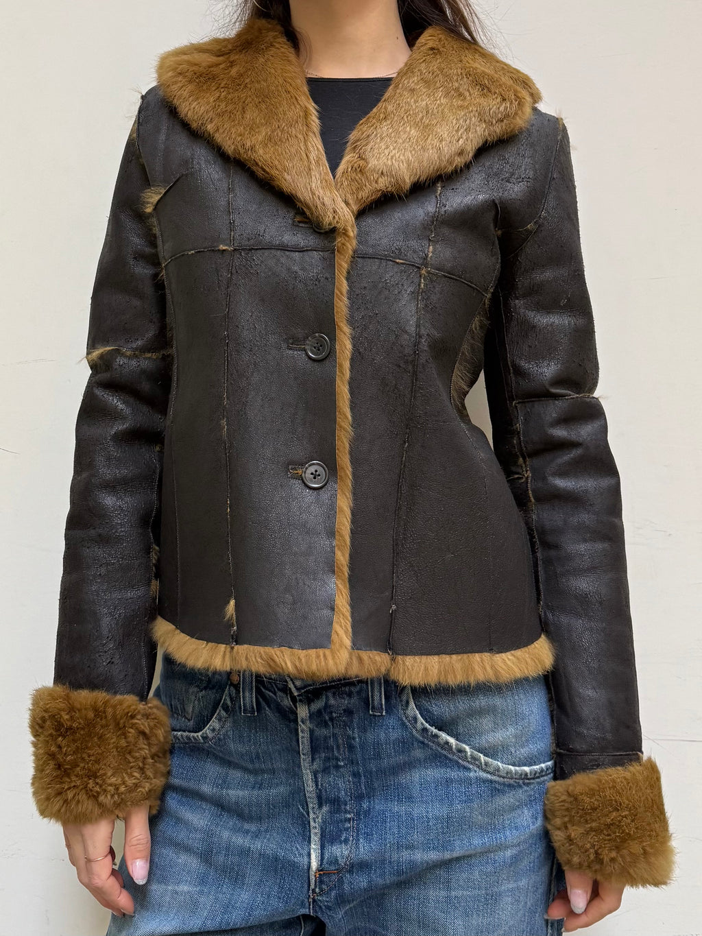 Vintage 100% Real Rabbit Fur & Leather Jacket Brown/Tan M