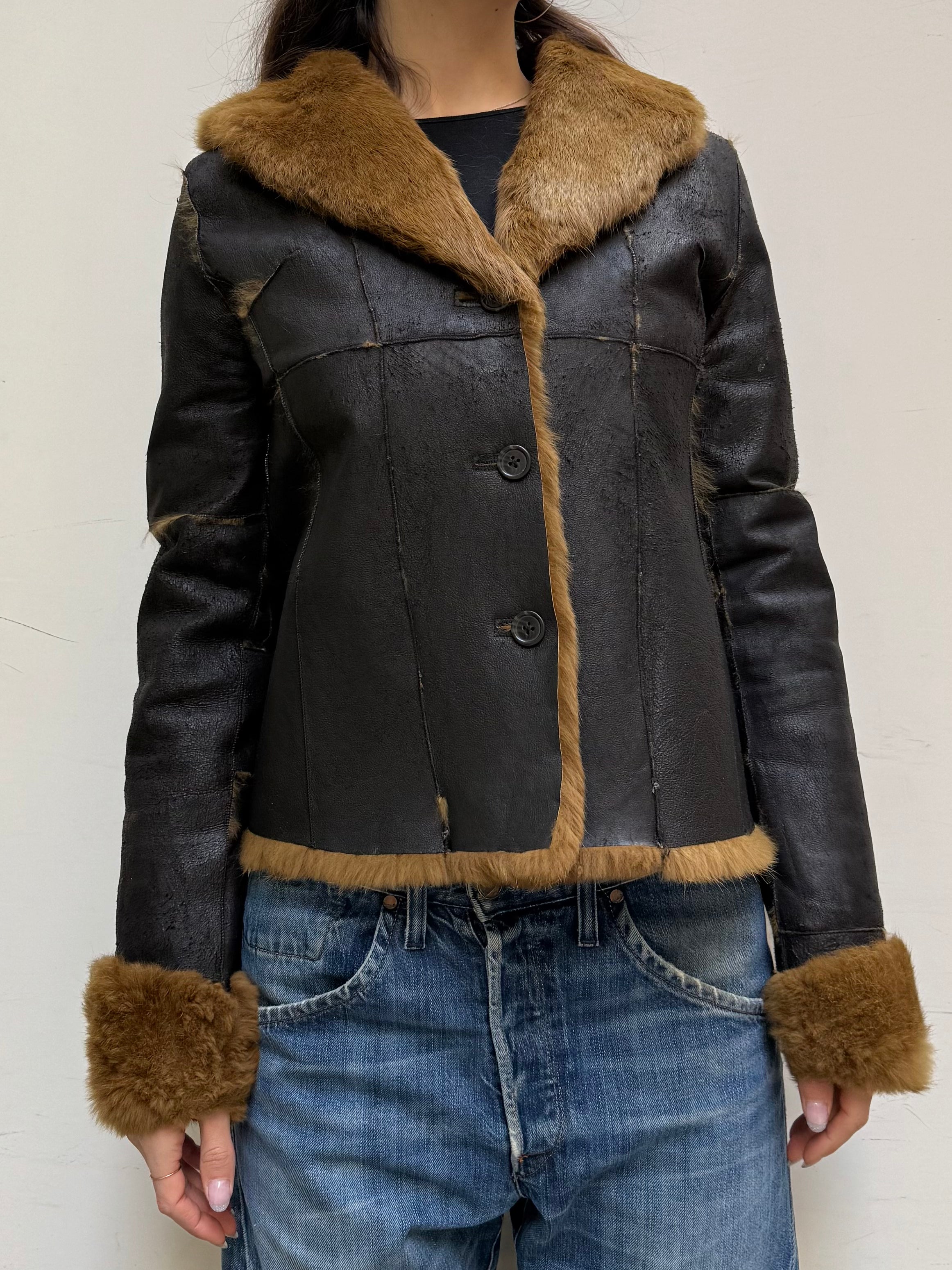 Vintage 100% Real Rabbit Fur & Leather Jacket Brown/Tan M